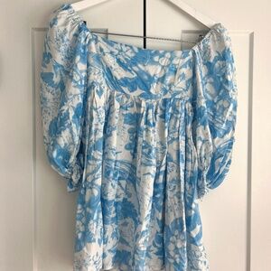 Blue and White Floral Summer Puff Sleeve Mini Dress